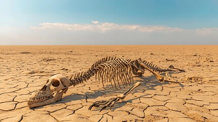 A barren desert landscape with a lone animal skeleton lying on cracked soil under a cloudless, scorching sky