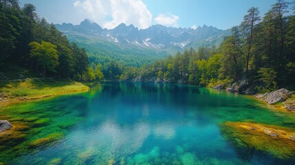 Obraz premium Pristine alpine lake nestled in a lush forest valley