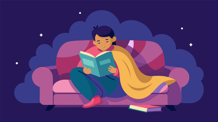A cozy night in snuggled under soft blankets on a plush couch completely absorbed in an enchanting fantasy novel.. Vector illustration