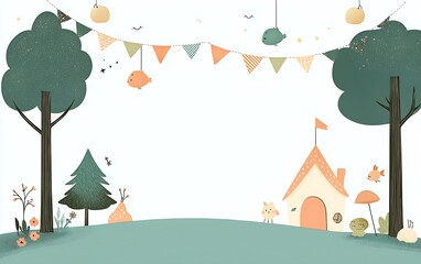 Whimsical Cartoon Nature Scene with House and Trees