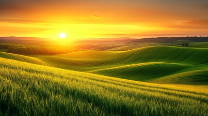 Breathtaking Sunrise Over Green Hills: Capturing the Golden Hour in a Serene Rural Landscape