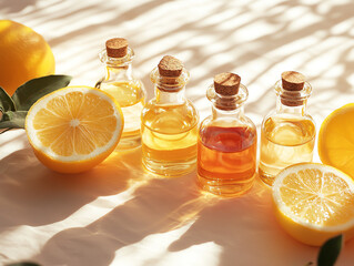 Fresh lemons and essential oil bottles in sunlight create a refreshing, natural ambiance.