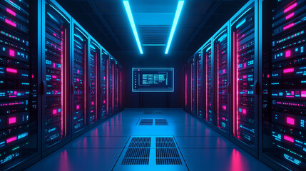 Futuristic server room glowing with neon lights and modern digital equipment.