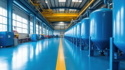Industrial Factory Interior with Blue Storage Tanks and Yellow Crane
