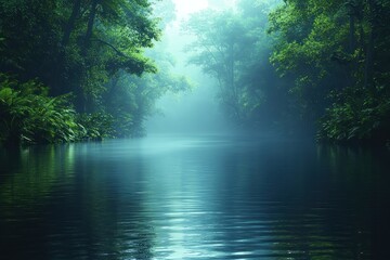 Obraz premium Misty river flowing through tranquil jungle forest at dawn