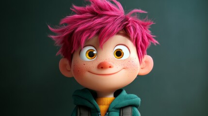 Fototapeta premium Closeup Portrait of a Happy Cartoon Boy with Pink Hair