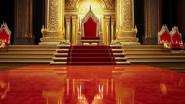 Grand royal throne room with golden decorations and red carpet in an opulent palace setting
