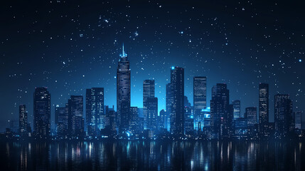 Fototapeta premium Nighttime cityscape with illuminated skyscrapers and calm water reflection under a starry sky.