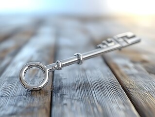 Silver Key on Wooden Surface.