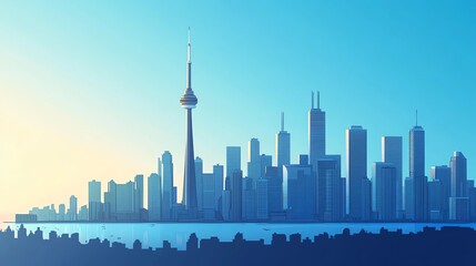 Obraz premium Silhouette of city skyline at sunrise with clear blue sky and calm water.