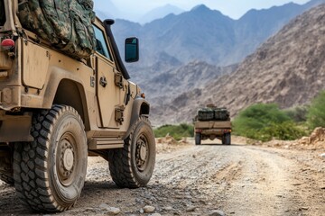 Military vehicles traveling on a rugged dirt road in a mountainous desert landscape