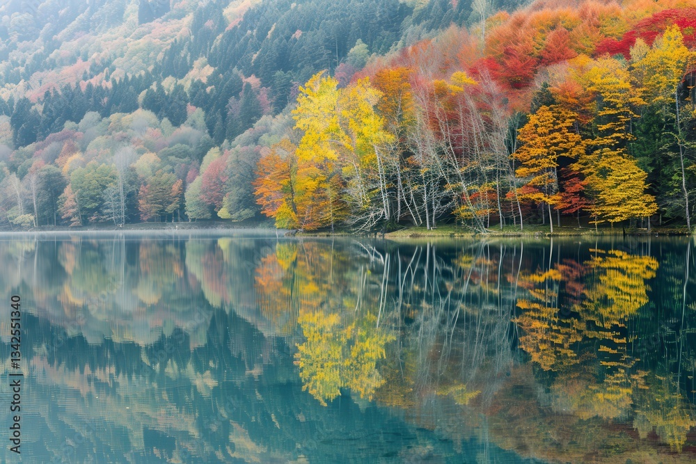 Aufkleber vibrant autumn landscape with colorful foliage reflected in calm water at a serene park setting in l