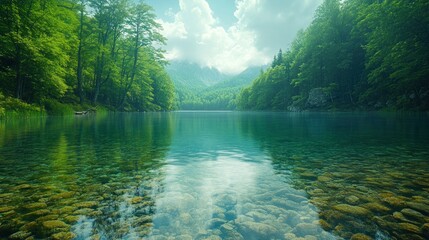 Obraz premium Serene Mountain Lake Landscape: Crystal Clear Waters Reflecting Majestic Peaks