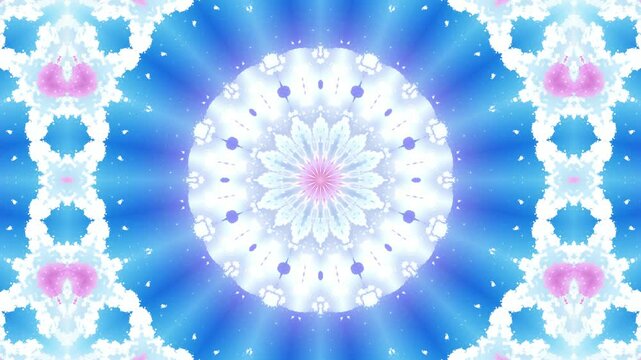 Intricate Kaleidoscope Design Displaying Vibrant Blue and Pink Patterns with Ethereal Symmetry and Light Effects