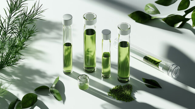 Green liquid in glass vials surrounded by fresh leaves, suggesting natural experiments.