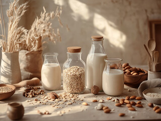 Rustic kitchen scene with bottles of almond and oat milk on a wooden table.