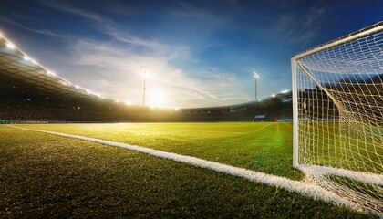 Fototapeta premium Empty soccer field, view from behind corner of goal- 75160