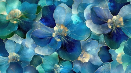 Close Up Blue Watercolor Flowers With Gold Accents Seamless Pattern Design Illustration Floral Backgrounds High Resolution Nature Inspired Colorful Digital Art Seamless Textured Botanical Elements