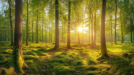 Obraz premium Bright and Sunny Forest Landscape with Tall Trees Stretching Upwards, Clear Skies and Sunlight Creating a Peaceful Natural Setting with Space for Promotional or Artistic Copy