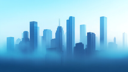 Fototapeta premium Skyline of modern city with skyscrapers emerging through blue morning mist.