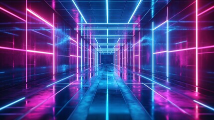 Futuristic Design in a Cyberpunk Neon Lights Corridor: High-Tech Abstract Background with Vibrant Colors and Illumination