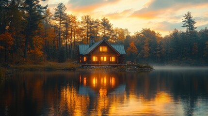 Fototapeta premium Cabin by the Lake at Sunset: A Serene Autumn Evening