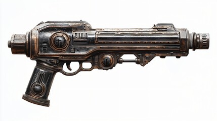 Steampunk-inspired weapon with a metallic design, showing intricate details, rust, and a cross symbol, set against a white backdrop with vintage vibes.