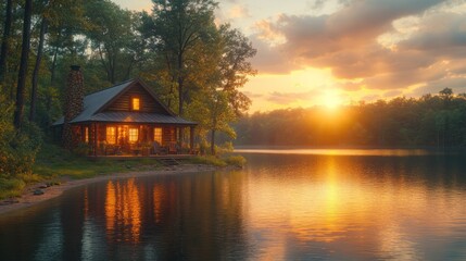 Golden Hour at the Lakeside Cabin: A Serene Sunset