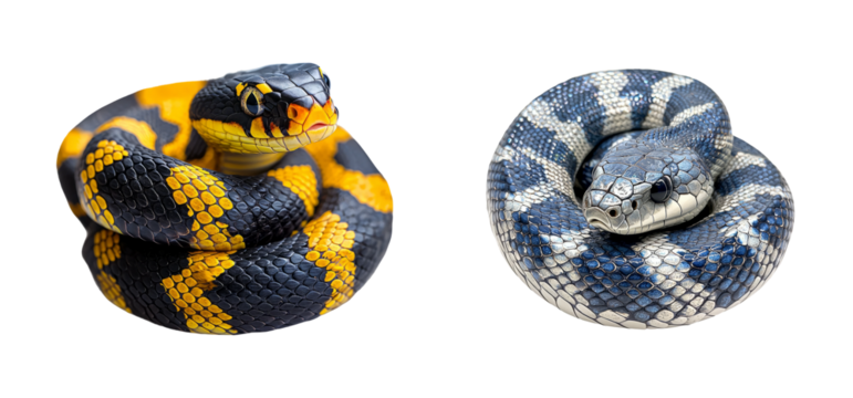 Colorful snakes on black background displaying unique features and textures