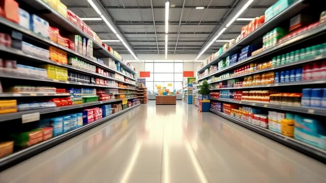 Modern supermarket aisle interior with product shelves, clean polished floor, and bright daylight &mdash; retail store walkthrough animation background, ideal for explainer videos and commercials.
