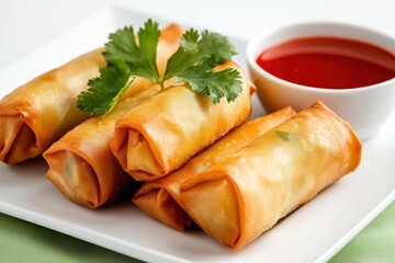 Delicious crispy spring rolls with fresh herbs and sweet dipping sauce on a white plate