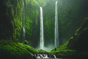 Triple Waterfall Nature Majesty, Lush Greenery