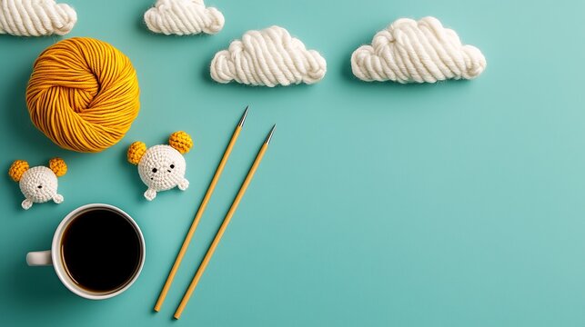 Yarn Craft Flatlay with Coffee and Cute Crochet Amigurumi