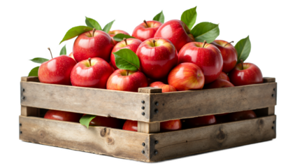Fresh red apples and green leaves in rustic wooden crate. Overflowing harvest, side view, bright lighting, photorealistic. Food ingredient for healthy eating, autumn themes.