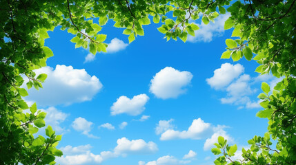 Bright Blue Sky with Fluffy White Clouds Framed by Vibrant Green Oak Tree Branches in the Foreground, Leaving Ample Copy Space for Text or Design