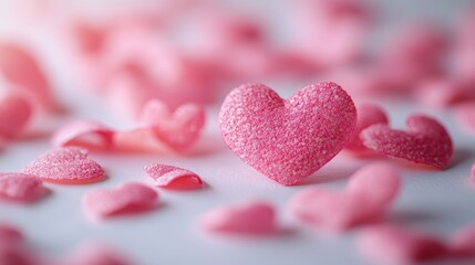 Obraz premium A vibrant tableau of pink hearts, scattered like confetti on a pristine white surface, symbolizing the love and affection of Valentine is Day, ready to capture the hearts of those they touch.
