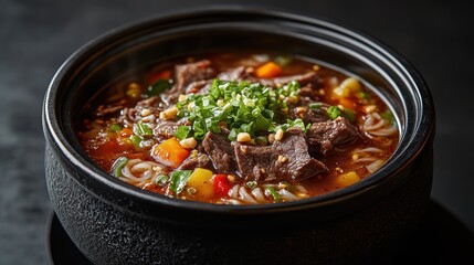 A fragrant broth simmered, infused with the rich flavors of lemongrass, galangal, and chili, nestled within a sea of glistening rice noodles, adorned with tender slices of beef and a medley of