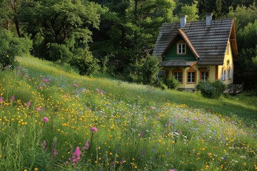 Charming yellow cottage surrounded by a vibrant wildflower meadow in a serene forested area during late spring