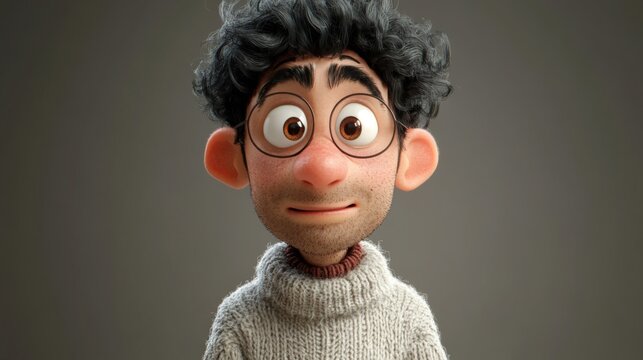 Cartoon Man with Curly Hair and Glasses