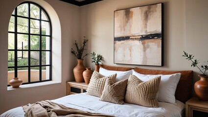 A cozy bedroom with a bohemian aesthetic, featuring a neatly made bed with white linens and textured beige pillows. A minimalist arched window with black frames lets in natural light.