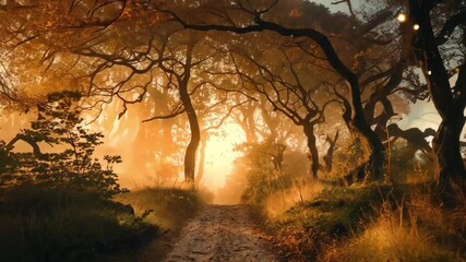 A path through a misty forest at sunrise with glowing orbs and trees with golden leaves above it all - Powered by Adobe