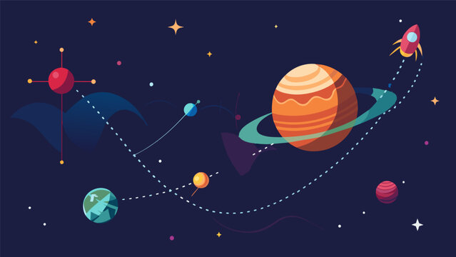 An interactive radar plot showcasing the realtime progress of a spacecrafts journey to a distant planet.. Vector illustration