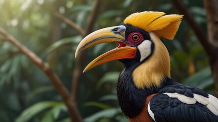 Close-up of a vibrant hornbill with a large beak