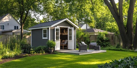 Charming Backyard Shed with Patio Illustration