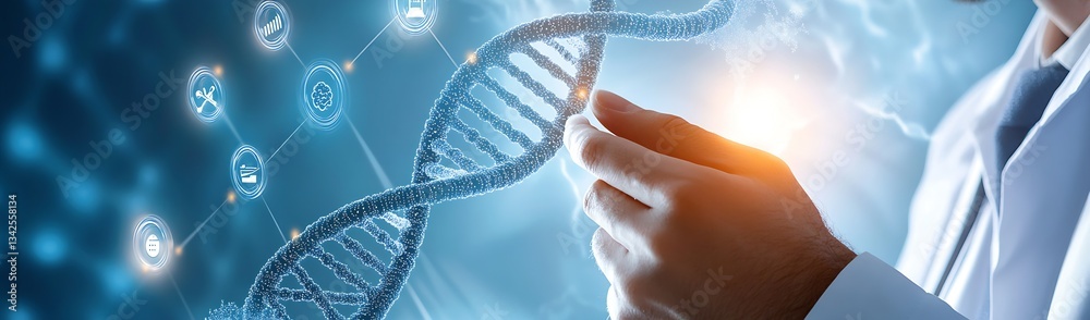 Aufkleber Professional in lab coat handling a DNA strand with an illuminated digital backdrop showcasing scientific progress : Generative AI