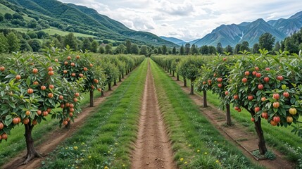 Lush rows of apple trees heavy with ripe fruit extend towards majestic mountains, showcasing nature's beauty and the tranquil atmosphere of an idyllic agricultural landscape.