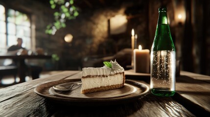 Creamy Cheesecake Slice And Green Bottle On Wooden Tabletop With Interior Lighting And Atmosphere Elements Including Shadows And Soft Warm Light And Blurred Backgrounds Suggesting Cozy Restaurant