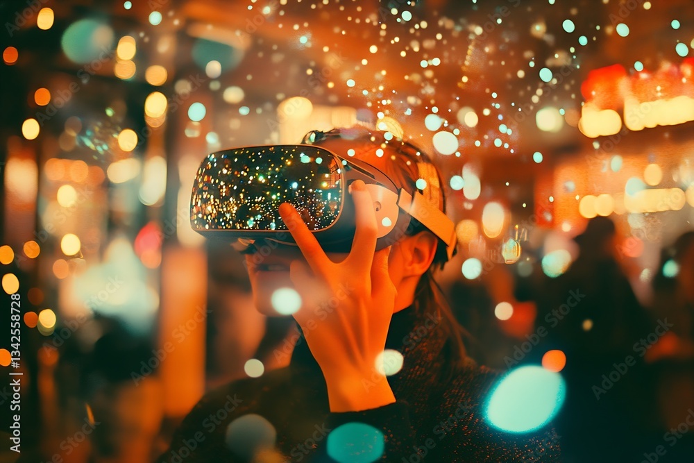 Poster person with vr headset capturing vivid virtual experiences amidst a vibrant urban backdrop : generat