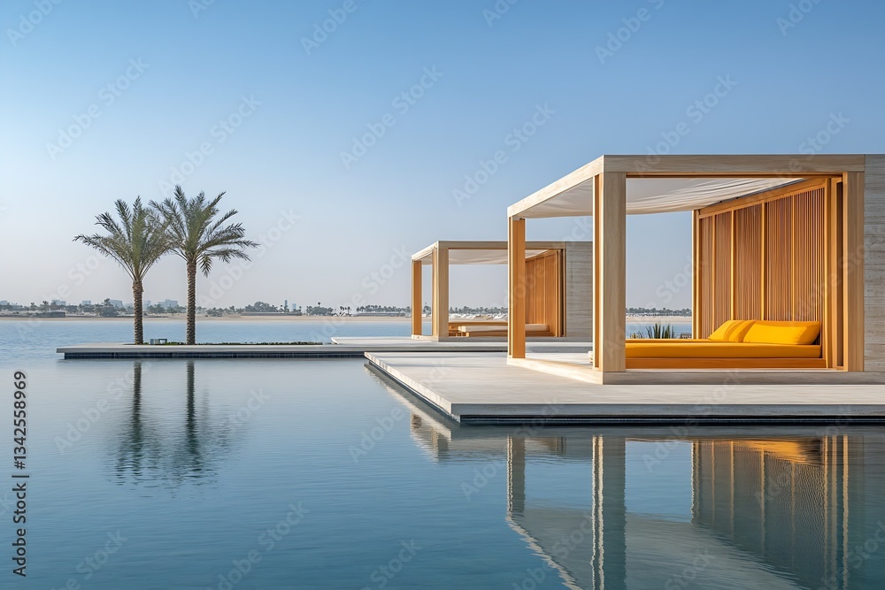 Poster modern waterfront architecture showcasing luxurious cabanas with palm trees and serene reflections :