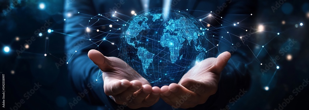 Aufkleber Human Hands Holding a Digital Globe Representing Global Connectivity and Data Flow : Generative AI